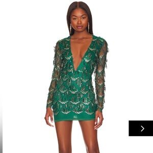 Superdown Nia Sequin Fringe Dress Dark Green Deep V Neck XXS Revolve